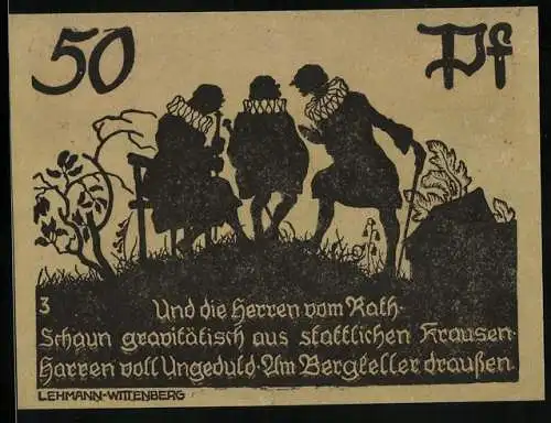Notgeld Bad Schmiedeberg /Halle 1921, 50 Pfennig, Die Ratsherren auf dem Berg