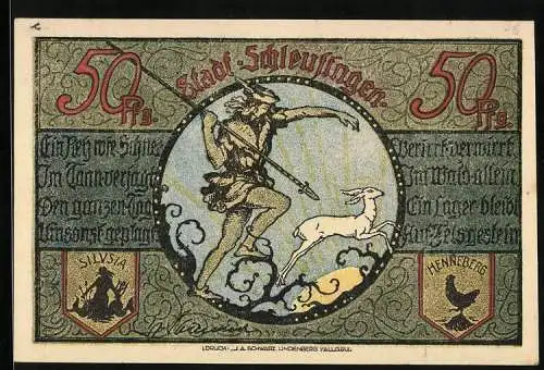 Notgeld Schleusingen, 50 Pfennig, Jäger und weisses Reh, der Krug