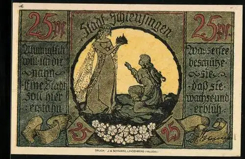 Notgeld Schleusingen, 25 Pfennig, Mann bei der Wasserfee, Silhouette der Stadt