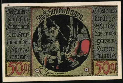 Notgeld Schleusingen, 50 Pfennig, Graf ersticht Zauberer im Schlaf