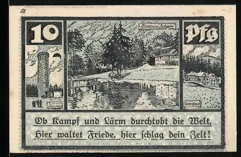 Notgeld Schmiedefeld, 10 Pfennig, Glasindustrie, Turm a. d. Adlersberg, Blödnauer Anlagen, Stutenhaus