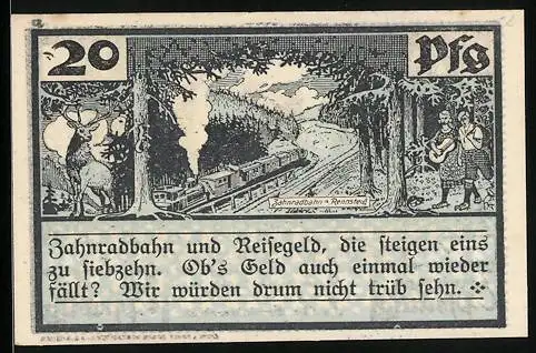Notgeld Schmiedefeld, 20 Pfennig, Zahnradbahn am Rennsteig, Glasindustrie