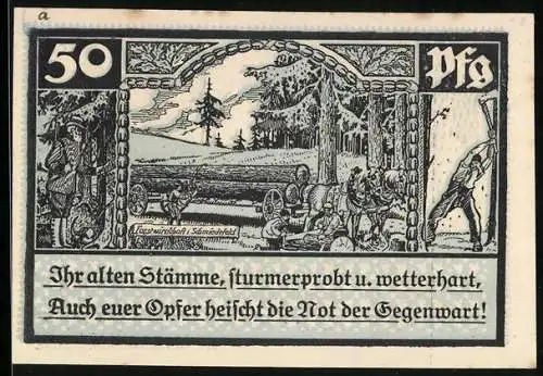 Notgeld Schmiedefeld, 50 Pfennig, Forstwirtschaft, Glasindustrie