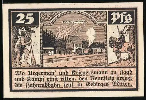 Notgeld Schmiedefeld, 25 Pfennig, Bahnhof Rennsteig, Glasindustrie