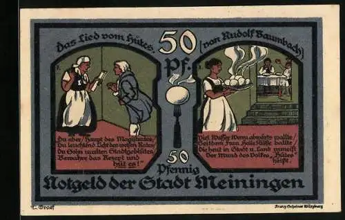 Notgeld Meiningen 1921, 50 Pfennig, Frau Holle und das Hütes-Rezept