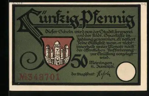 Notgeld Meiningen 1921, 50 Pfennig, Frau Holle und die Schänke Zur Gans