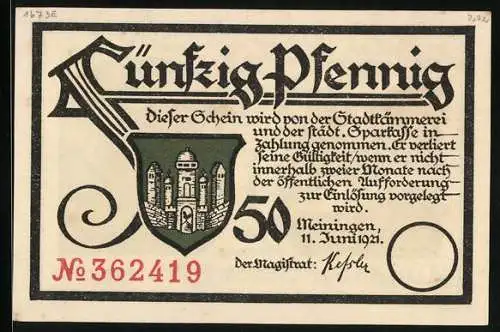 Notgeld Meiningen 1921, 50 Pfennig, Frau Holle zeigt den Weinbauern die Kartoffel