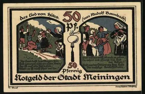 Notgeld Meiningen 1921, 50 Pfennig, Frau Holle zeigt den Weinbauern die Kartoffel