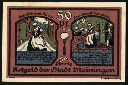 Notgeld Meiningen 1921, 50 Pfennig, Frau Holle kocht Kartoffelklösse