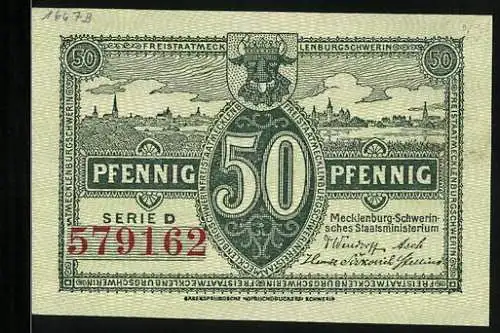 Notgeld Schwerin, 50 Pfennig, Panoramablick auf die Stadt