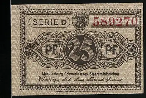 Notgeld Schwerin, 25 Pfennig, Wappen mit Ochsenkopf