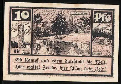 Notgeld Schmiedefeld, 10 Pfennig, Turm a. d. Adlersberg, Blödner`s Anlagen, Stutenhaus