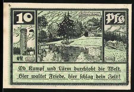 Notgeld Schmiedefeld, 10 Pfennig, Turm a. d. Adlersberg, Blödner`s Anlagen, Stutenhaus, Glasindustrie