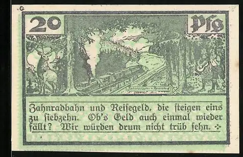 Notgeld Schmiedefeld, 20 Pfennig, Zahnradbahn am Rennsteig