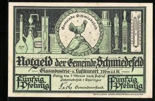 Notgeld Schmiedefeld, 50 Pfennig, Ortsansicht vom Berg aus