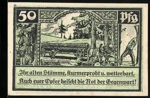 Notgeld Schmiedefeld, 50 Pfennig, Forstwirtschaft, Pferde ziehen Baumstämme