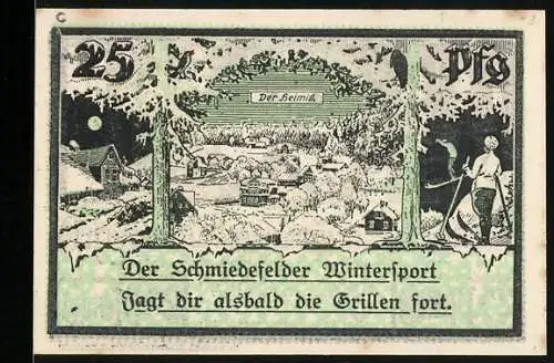 Notgeld Schmiedefeld, 25 Pfennig, Ortsansicht im Winter