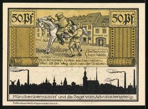 Notgeld Münchenbernsdorf i. Thür. 1921, 50 Pfennig, Der Heimritt nach Weida