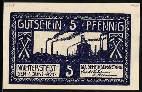Notgeld Nachterstedt 1921, 5 Pfennig, Partie am Industriegebiet