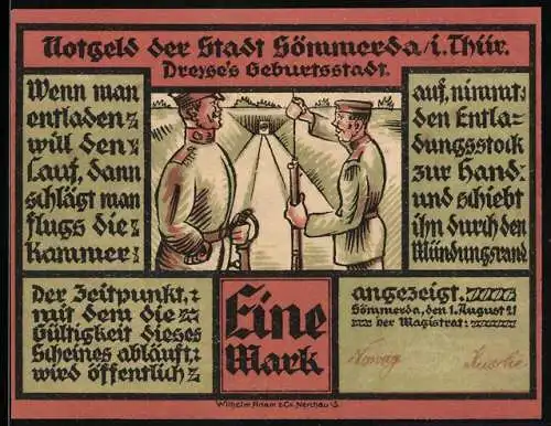 Notgeld Sömmerda i. Thür. 1921, 1 Mark, Zwei Soldaten am Schiessstand