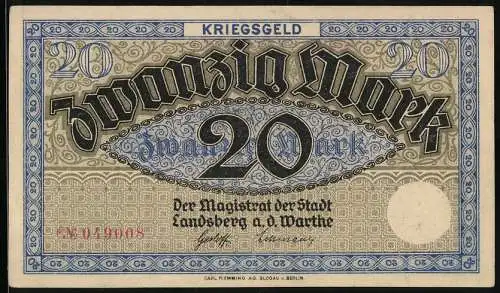 Notgeld Landsberg a. d. Warthe, 20 Mark, Kontroll-Nr. 049008