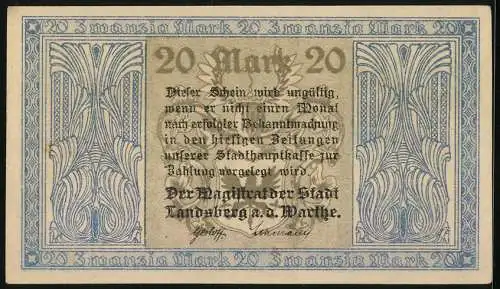 Notgeld Landsberg a. d. Warthe, 20 Mark, Kontroll-Nr. 049008