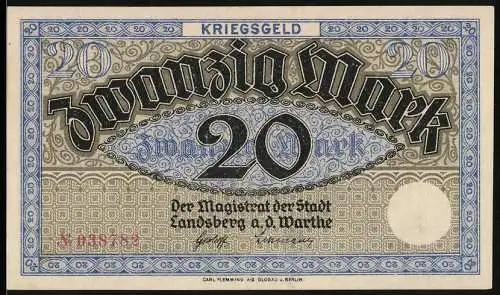 Notgeld Landsberg a. d. Warthe, 20 Mark, Kontroll-Nr. 038782