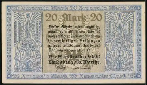 Notgeld Landsberg a. d. Warthe, 20 Mark, Kontroll-Nr. 038782