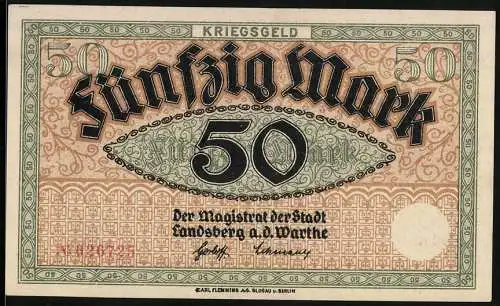 Notgeld Landsberg a. d. Warthe, 50 Mark, Kontroll-Nr. 026725