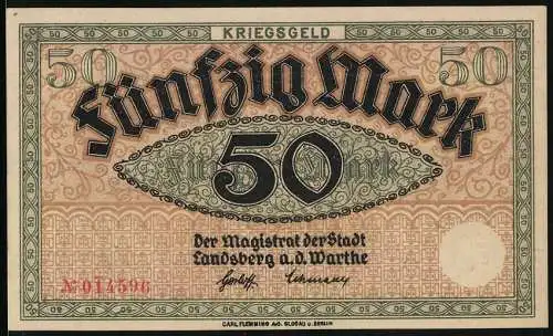 Notgeld Landsberg a. d. Warthe, 50 Mark, Kontroll-Nr. 014596