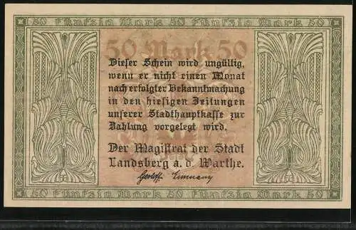 Notgeld Landsberg a. d. Warthe, 50 Mark, Kontroll-Nr. 014596