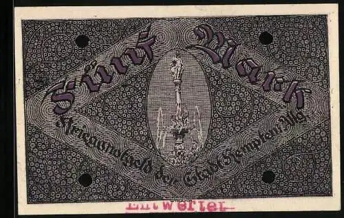 Notgeld Kempten /Allg. 1918, 5 Mark, Kontroll-Nr. 34221