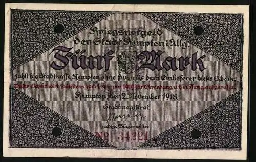 Notgeld Kempten /Allg. 1918, 5 Mark, Kontroll-Nr. 34221