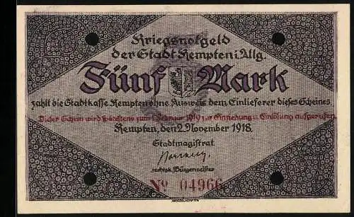 Notgeld Kempten /Allg. 1918, 5 Mark, Kontroll-Nr. 04966