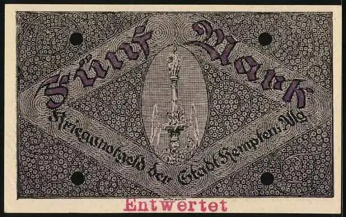 Notgeld Kempten /Allg. 1918, 5 Mark, Kontroll-Nr. 04966