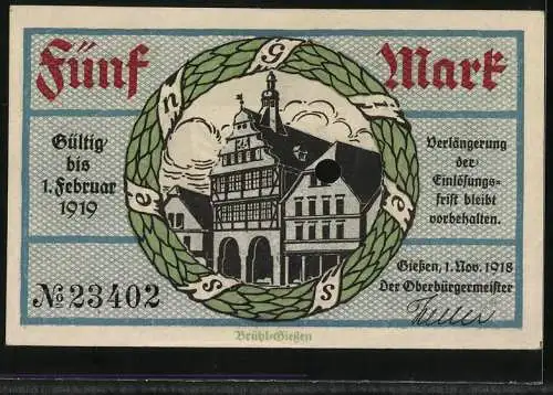 Notgeld Giessen 1918, 5 Mark, Das Rathaus