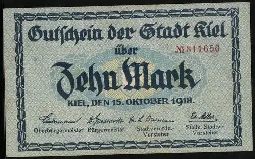 Notgeld Kiel 1918, 10 Mark, Blick auf das Rathaus
