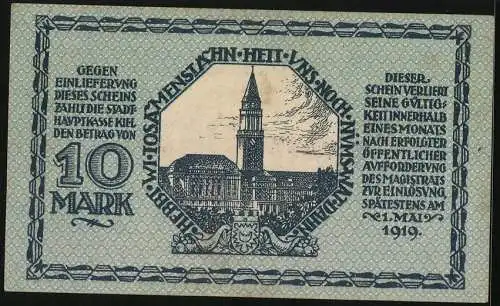 Notgeld Kiel 1918, 10 Mark, Blick auf das Rathaus