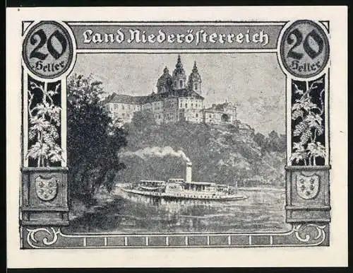 Notgeld Wien 1920, 20 Heller, Raddampfer auf dem Fluss an einem Kloster
