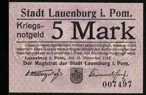 Notgeld Lauenburg i. Pom. 1918, 5 Mark, Kontroll-Nr. 007497