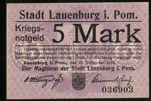 Notgeld Lauenburg i. Pom. 1918, 5 Mark, Kontroll-Nr. 036903