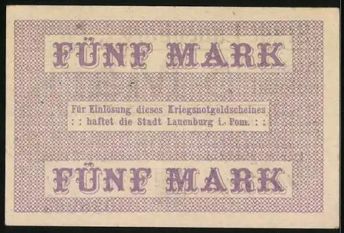 Notgeld Lauenburg i. Pom. 1918, 5 Mark, Kontroll-Nr. 036903