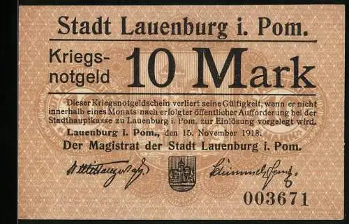 Notgeld Lauenburg i. Pom. 1918, 10 Mark, Kontroll-Nr. 003671