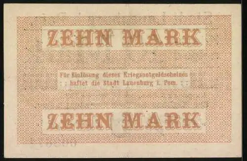 Notgeld Lauenburg i. Pom. 1918, 10 Mark, Kontroll-Nr. 003671