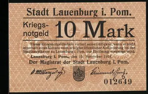 Notgeld Lauenburg i. Pom. 1918, 10 Mark, Kontroll-Nr. 012649