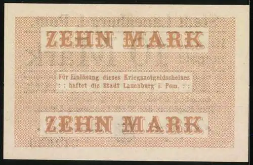 Notgeld Lauenburg i. Pom. 1918, 10 Mark, Kontroll-Nr. 012649
