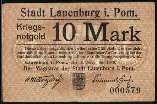 Notgeld Lauenburg i. Pom. 1918, 10 Mark, Kontroll-Nr. 000579