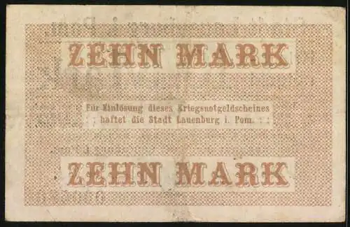 Notgeld Lauenburg i. Pom. 1918, 10 Mark, Kontroll-Nr. 000579