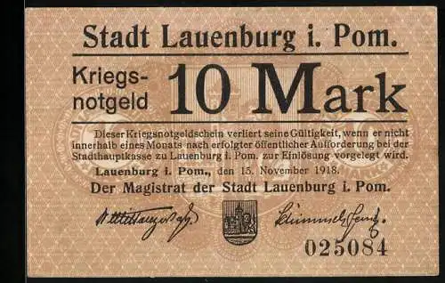 Notgeld Lauenburg i. Pom. 1918, 10 Mark, Kontroll-Nr. 025084