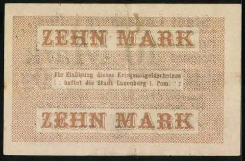 Notgeld Lauenburg i. Pom. 1918, 10 Mark, Kontroll-Nr. 025084